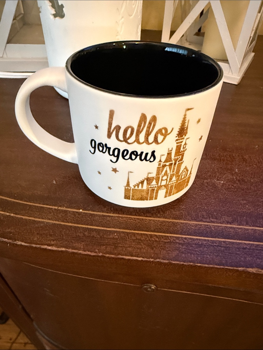 Disney White and Gold "Hello Gorgeous" Ceramic Mug with Black Interior